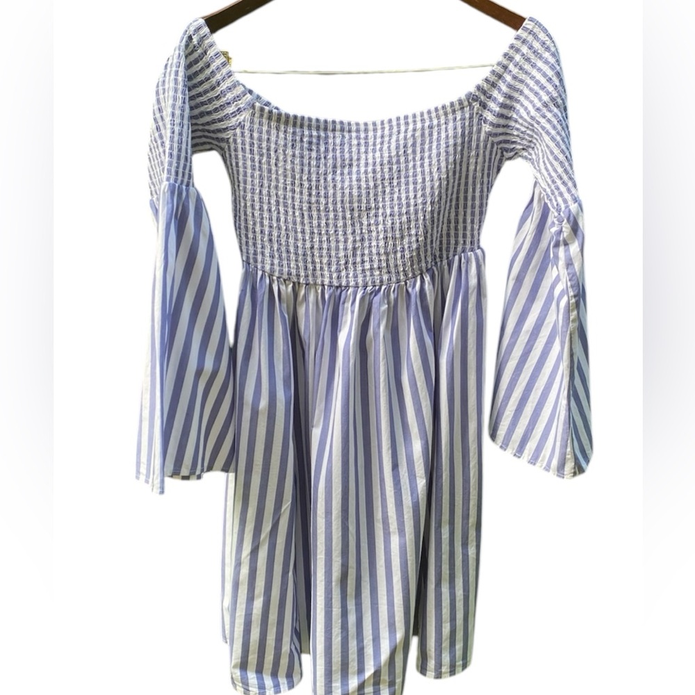 Torrid Dress smocked size 0 (L) blue white off shoulder long sleeve